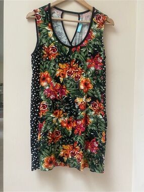 Floral & Polka Dot Sleeveless Shift Mini Dress in Black with Orange Floral Print